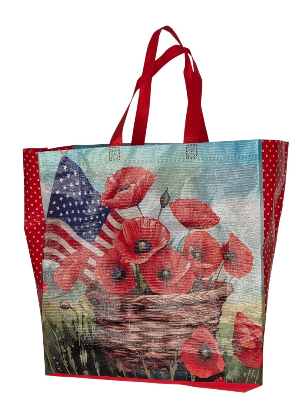 Patriotic Red Poppy In Basket With Flag Design Shopping Tote Bag